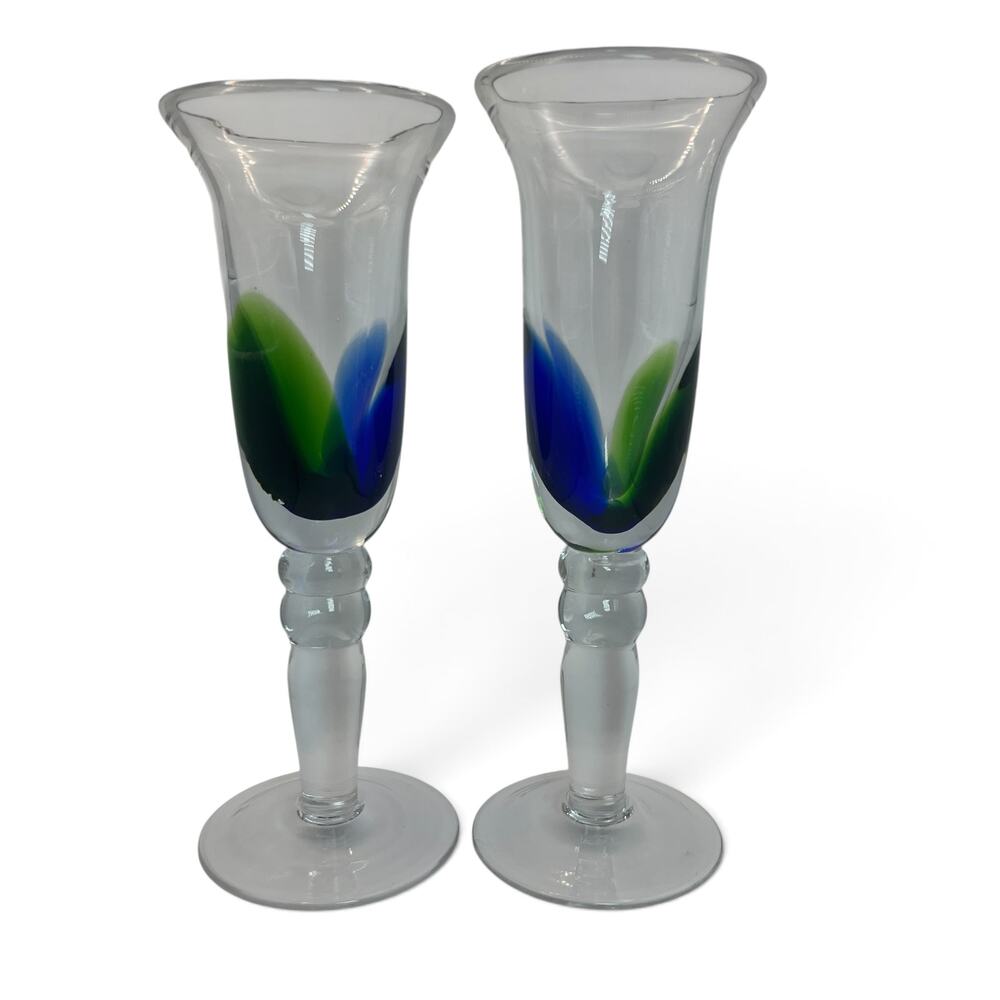 Pier One Blown Glass Champagne Flutes Blue Green Artsy Toasting Glasses Pair